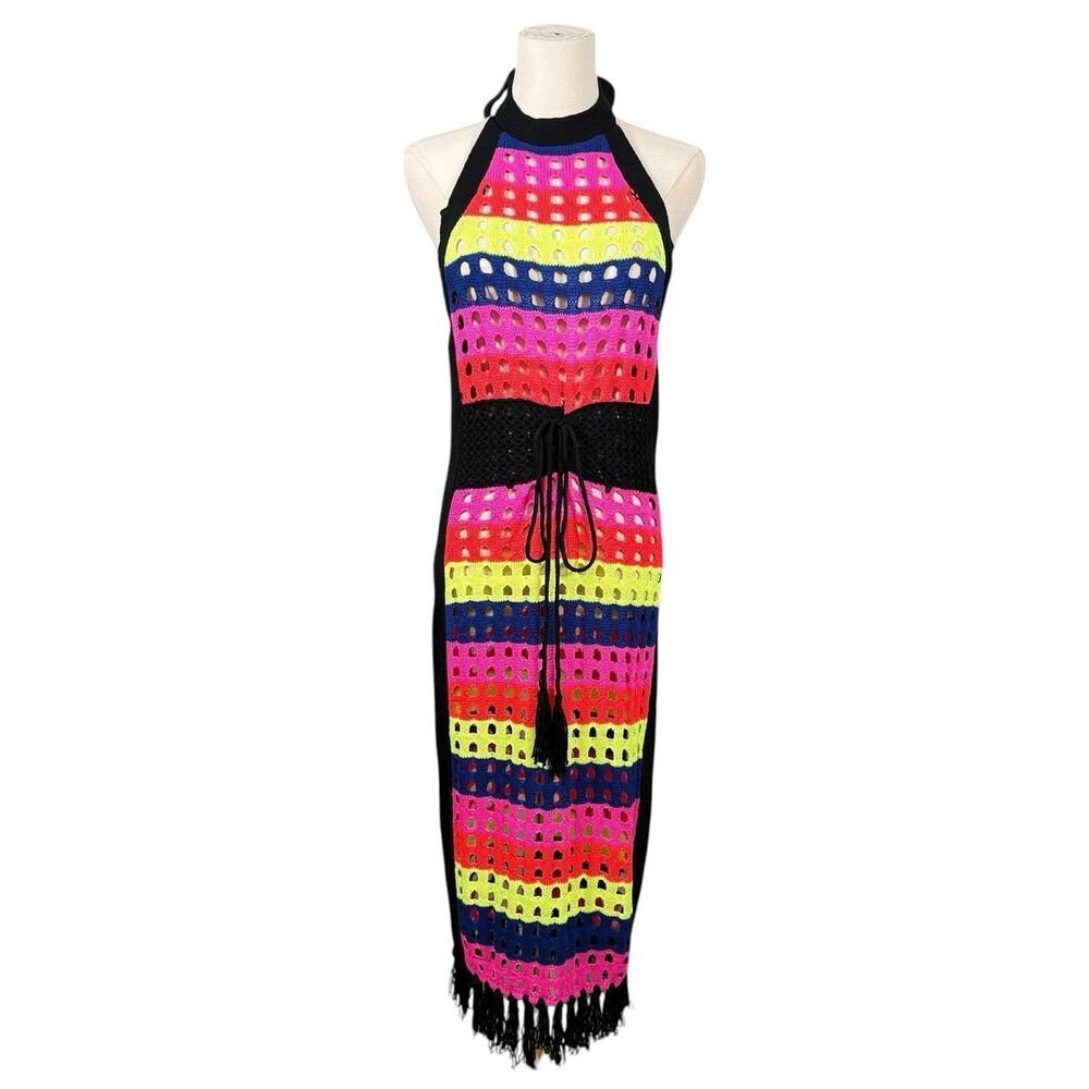 Neon Crochet Halter Dress Open Knit Tassel Beach Coverup Large Boho Festival